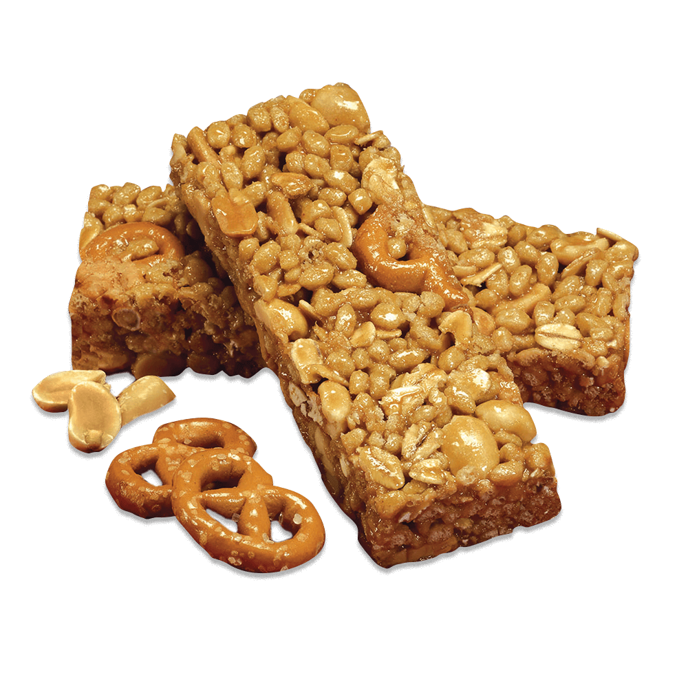 Delicious protein bars made with grains, nuts, and pretzels, perfect for a nutritious snack.